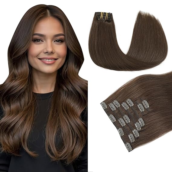 PINKPEARL Human Hair Clip in Hair Extensions 22inch #4 Chocolate Brown Clip in Hair Extensions Real Human Hair 7pcs 120g Natural Human Hair Clip ins for Women(#4-22)