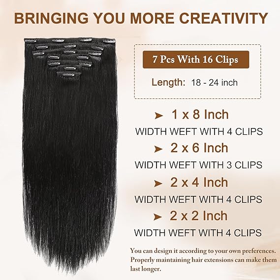 16A Premium Clip in Hair Extensions Real Human Hair, 18inch 120g 7pcs （Service life1.5~2 years）Remy Seamless Invisible Double Weft Human Hair, #1 Natural Black Multiple Washes Keep Texture Soft