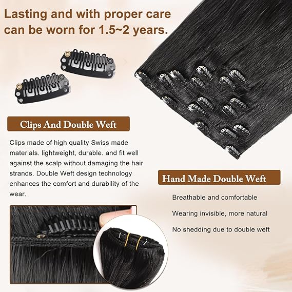 16A Premium Clip in Hair Extensions Real Human Hair, 18inch 120g 7pcs （Service life1.5~2 years）Remy Seamless Invisible Double Weft Human Hair, #1 Natural Black Multiple Washes Keep Texture Soft